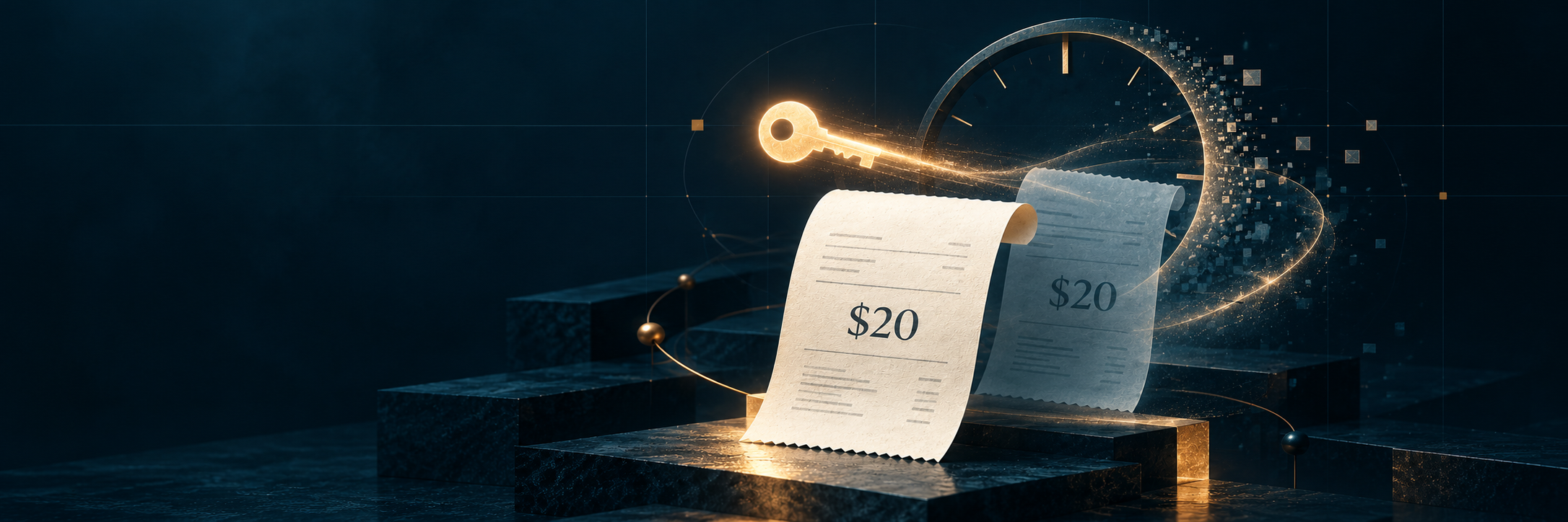 Illustration of a key and clock dissolving beside two $20 refund receipts.